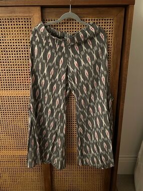 Wide Leg Ikat Print Pants - Gray with Pink Accents, Small